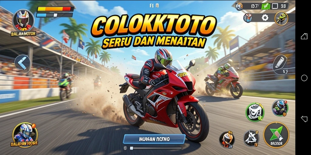 Gameplay COLOKTOTO menampilkan balapan motor yang mendebarkan di berbagai trek.