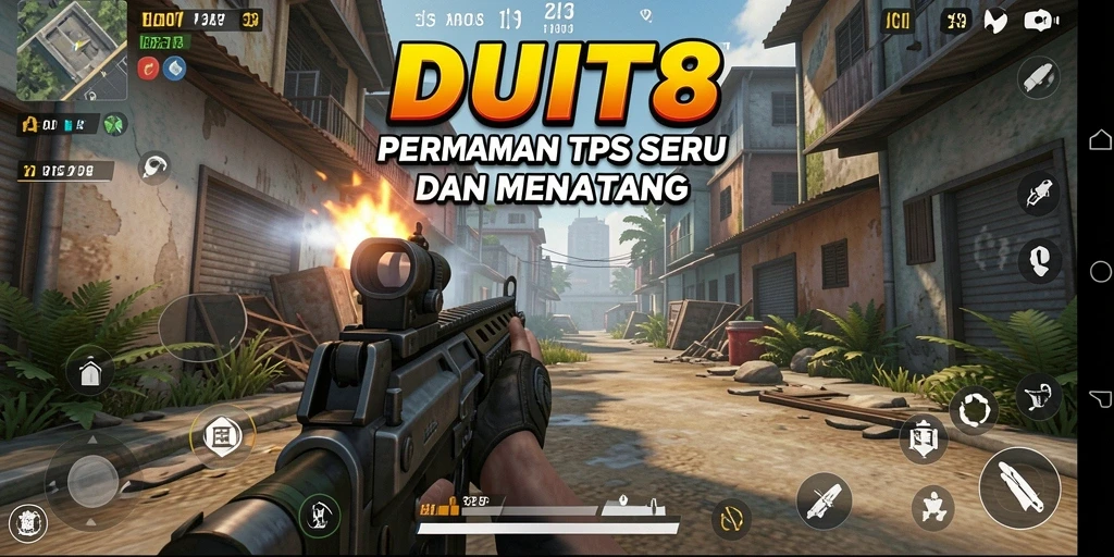 Screenshot gameplay seru dari DUIT8 yang menunjukkan aksi TPS.