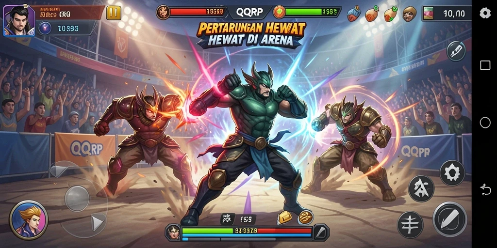 Screenshot menunjukkan duel epik antar karakter di QQRP.
