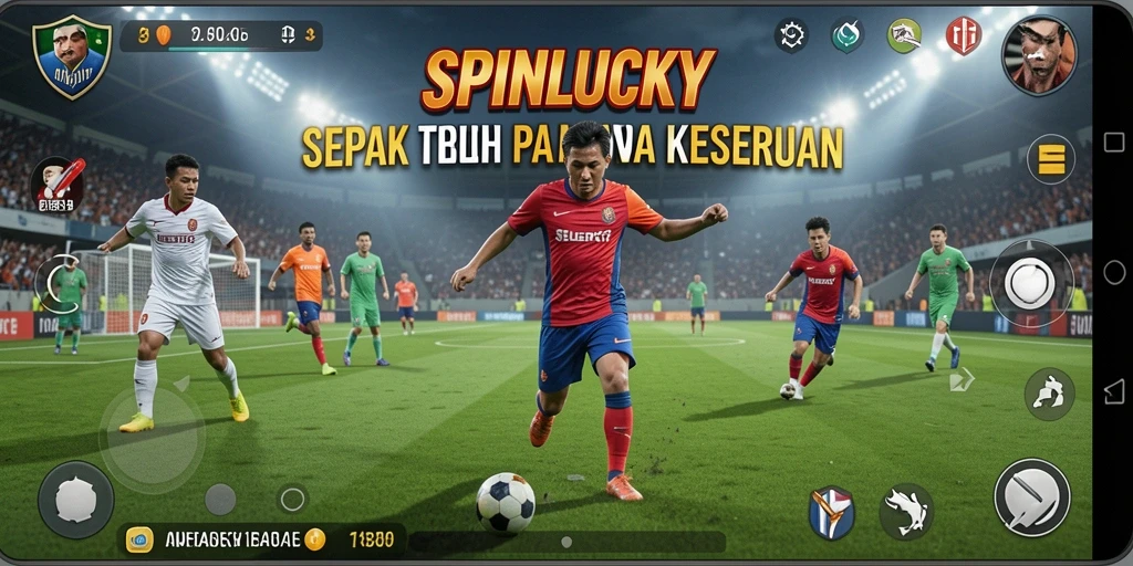 Screenshot gameplay SPINLUCKY yang menunjukkan aksi seru di lapangan sepak bola.