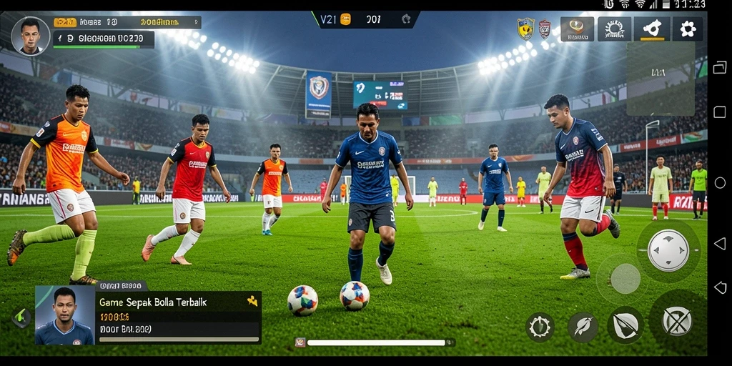 Screenshot V21 menampilkan aksi seru pertandingan sepak bola.